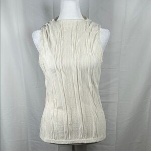 Cream Sleeveless Crepe Textured Tank Top Size Small High Neck